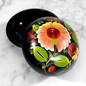 Vintage Black Lacquer Wooden Trinket Box Hand Painted Floral Design USSR‎ 1980's